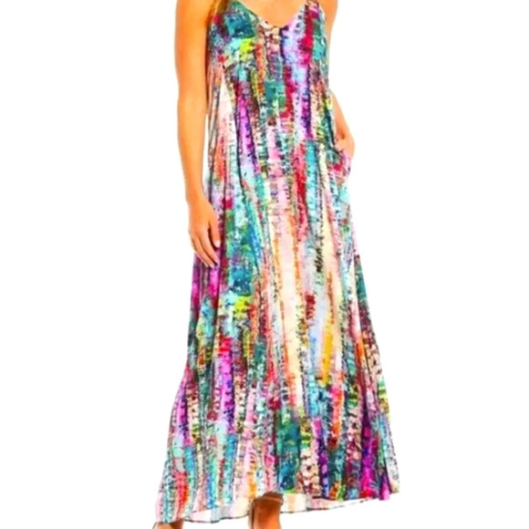 Tahari IX Rainbow Watercolor Maxi Dress Pockets Blue Purple Red - Picture 1 of 6